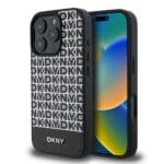 DKNY PU Leather Repeat Pattern Bottom Stripe MagSafe Black Kryt iPhone 16 Pro