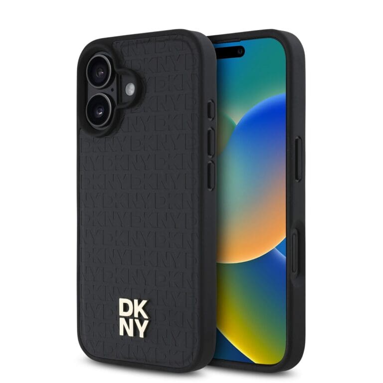 DKNY PU Leather Repeat Pattern Stack Logo MagSafe Black Kryt iPhone 16 Plus