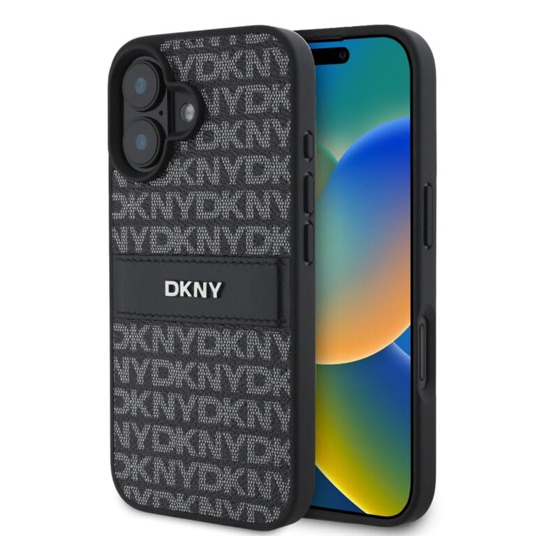 DKNY PU Leather Repeat Pattern Tonal Stripe Black Kryt iPhone 16 Plus