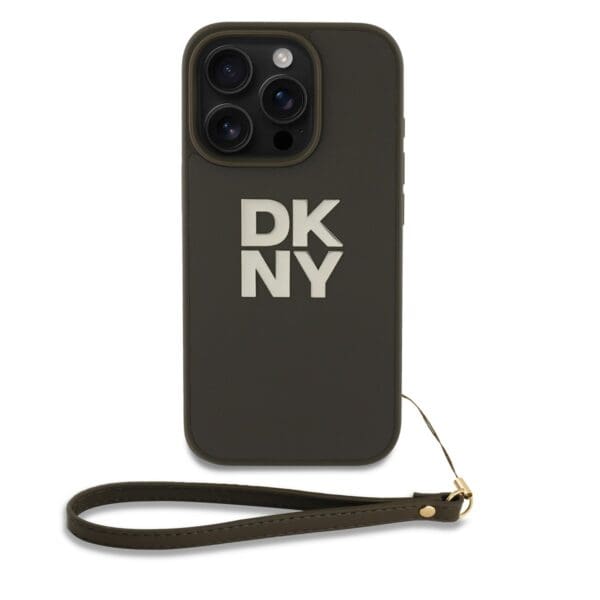 DKNY PU Leather Stack Logo Wrist Strap Green Kryt iPhone 16 Pro