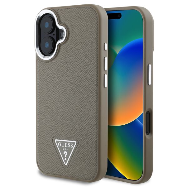 Guess PU Grained Triangle Logo Brown Kryt iPhone 16