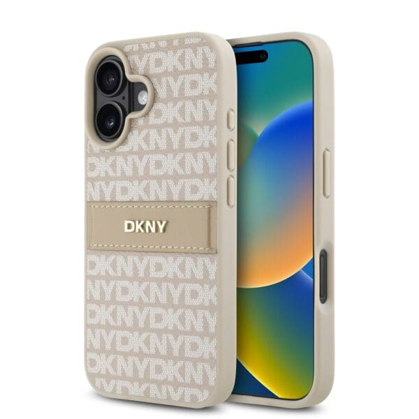 DKNY PU Leather Repeat Pattern Tonal Stripe Pink Kryt iPhone 16 Plus