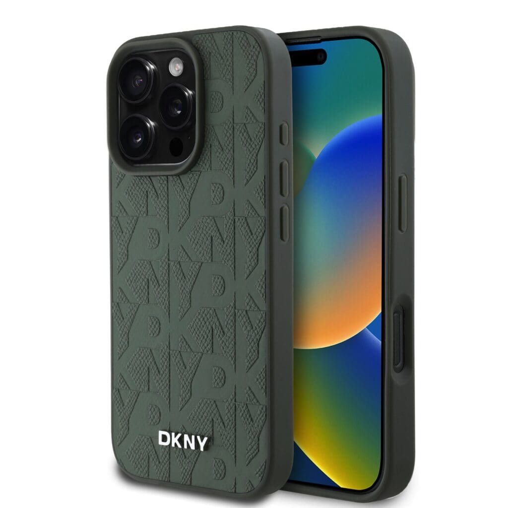 DKNY PU Leather Grid Pattern MagSafe Green Kryt iPhone 16 Pro