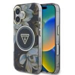 Guess IML Glitter Magnolia and Triangle Logo MagSafe Black Kryt iPhone 16