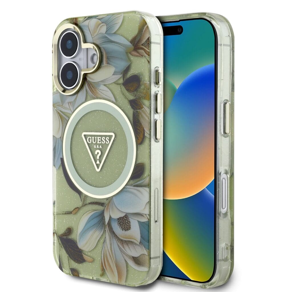 Guess IML Glitter Magnolia and Triangle Logo MagSafe Green Kryt iPhone 16