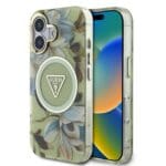 Guess IML Glitter Magnolia and Triangle Logo MagSafe Green Kryt iPhone 16
