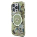 Guess IML Glitter Magnolia and Triangle Logo MagSafe Green Kryt iPhone 16 Pro Max