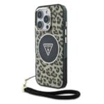 Guess IML Leopard Triangle Logo Strap MagSafe Brown Kryt iPhone 16 Pro
