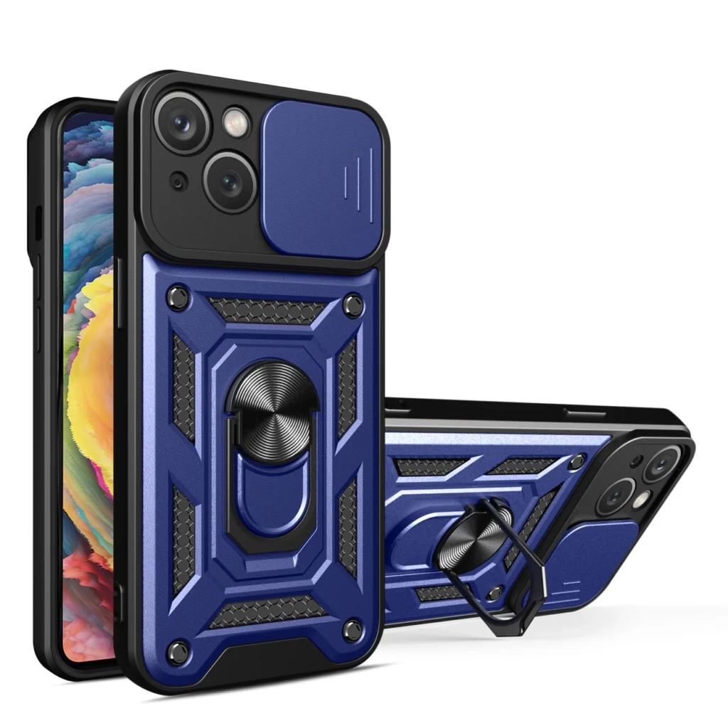 Hybrid Armor Camshield Case With Stand And Camera Cover - Blue Kryt iPhone 15