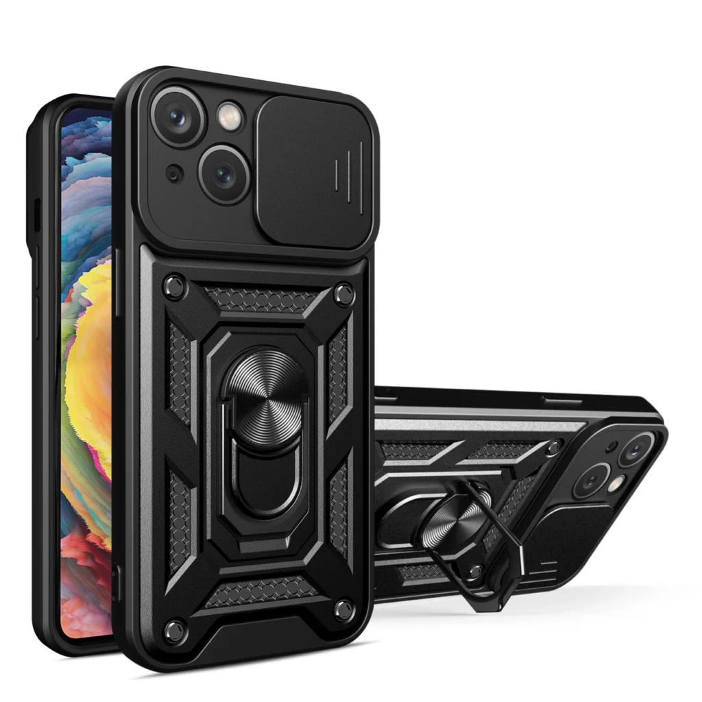 Hybrid Armor Camshield Case With Stand And Camera Cover For - Black Kryt iPhone 15