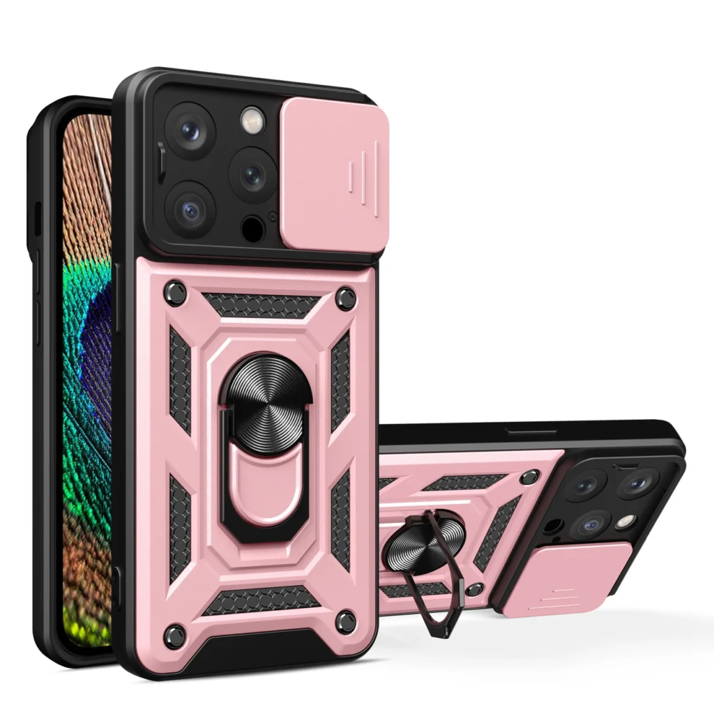 Hybrid Armor Camshield Case With Stand And Camera Cover For - Pink Kryt iPhone 15 Pro