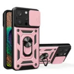 Hybrid Armor Camshield Case With Stand And Camera Cover For - Pink Kryt iPhone 15 Pro