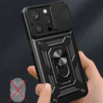 Hybrid Armor Camshield Case With Stand And Camera Cover For - Pink Kryt iPhone 15 Pro