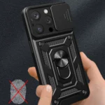 Hybrid Armor Camshield Case With Stand And Camera Cover For - Pink Kryt iPhone 15 Pro