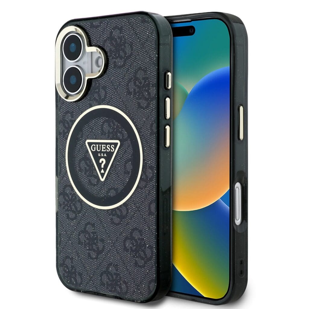Guess IML 4G Glitter and Triangle Logo MagSafe Black Kryt iPhone 16
