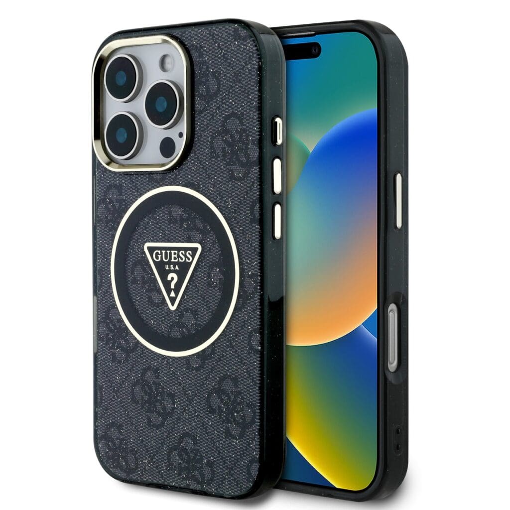 Guess IML 4G Glitter and Triangle Logo MagSafe Black Kryt iPhone 16 Pro