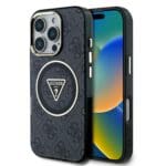 Guess IML 4G Glitter and Triangle Logo MagSafe Black Kryt iPhone 16 Pro