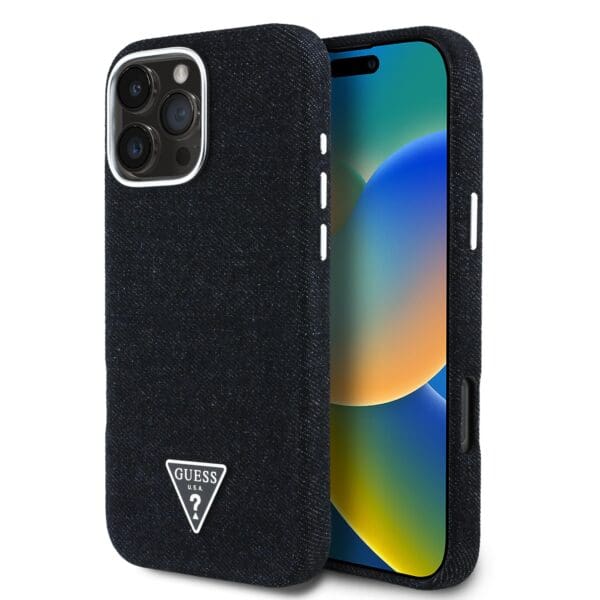 Guess Denim Triangle Logo MagSafe Black Kryt iPhone 16 Pro