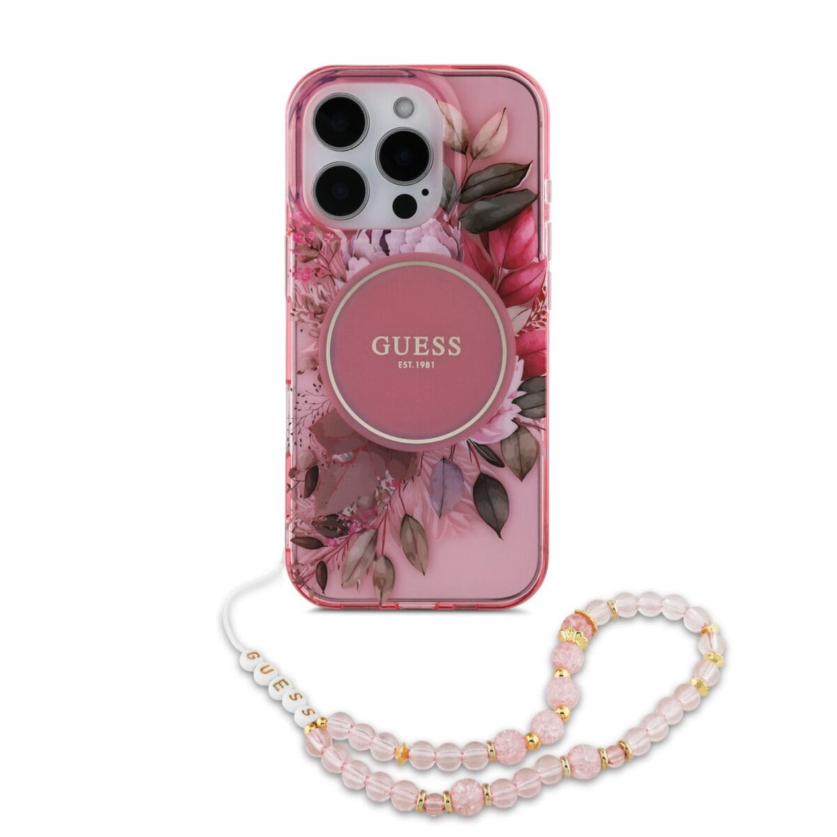 Guess IML Flowers Pearl Strap MagSafe Pink Kryt iPhone 15 Pro Max