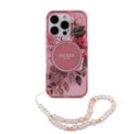 Guess IML Flowers Pearl Strap MagSafe Pink Kryt iPhone 15 Pro Max