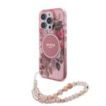 Guess IML Flowers Pearl Strap MagSafe Pink Kryt iPhone 15 Pro Max