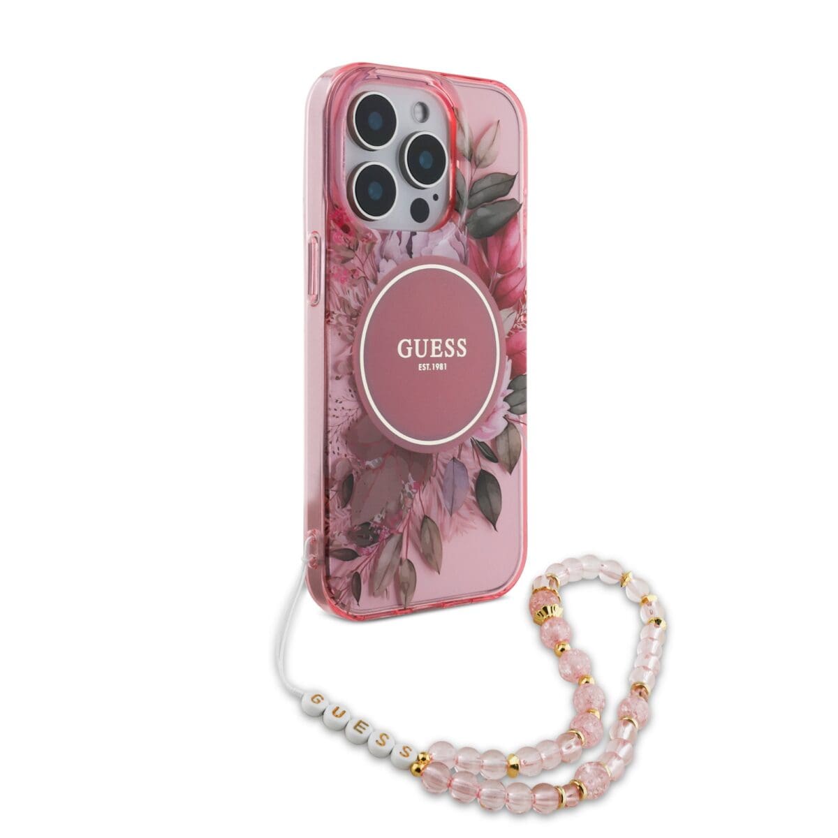 Guess IML Flowers Pearl Strap MagSafe Pink Kryt iPhone 15 Pro Max