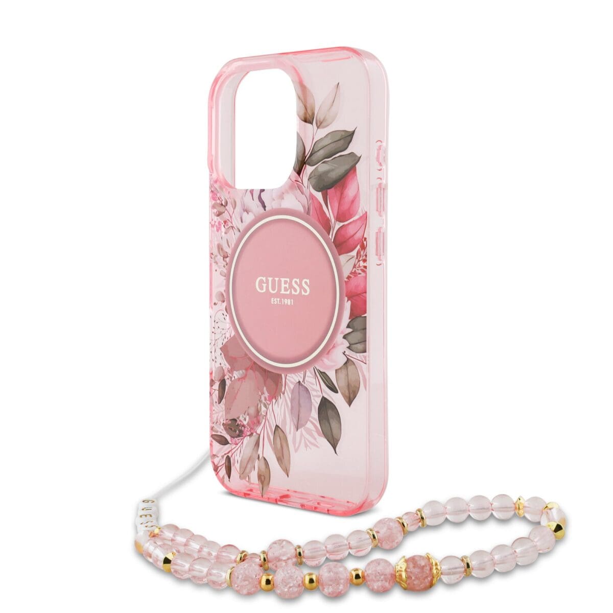 Guess IML Flowers Pearl Strap MagSafe Pink Kryt iPhone 15 Pro Max