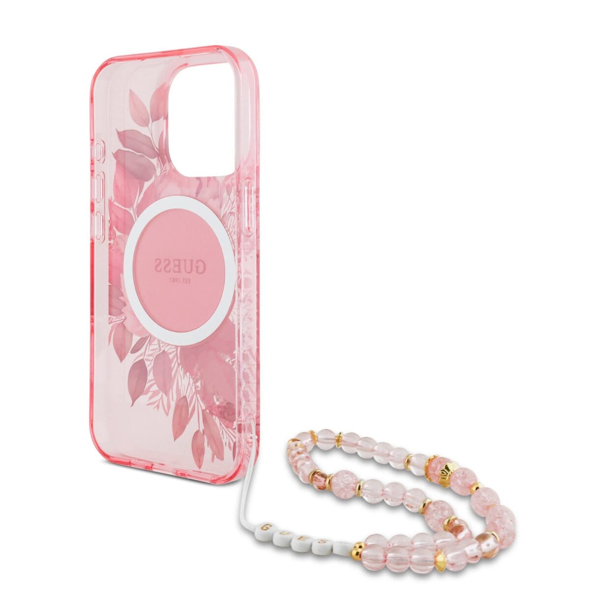 Guess IML Flowers Pearl Strap MagSafe Pink Kryt iPhone 15 Pro Max