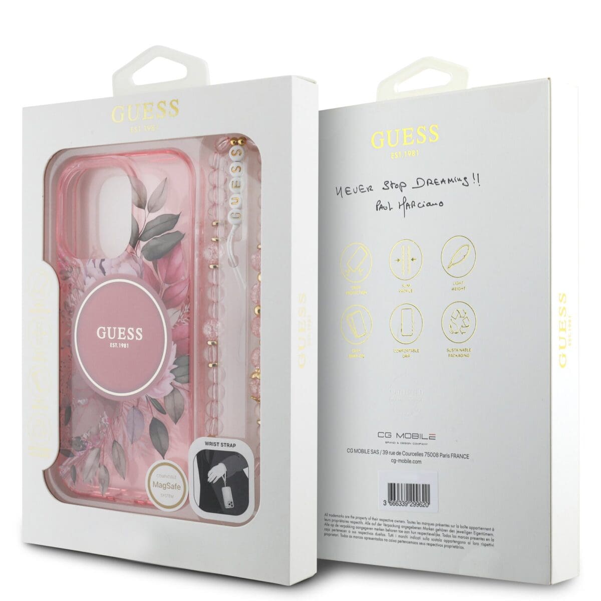 Guess IML Flowers Pearl Strap MagSafe Pink Kryt iPhone 15 Pro Max