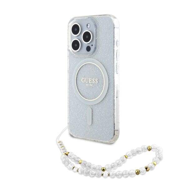 Guess IML Glitter Pearl Strap MagSafe Transparent Kryt iPhone 15 Pro Max