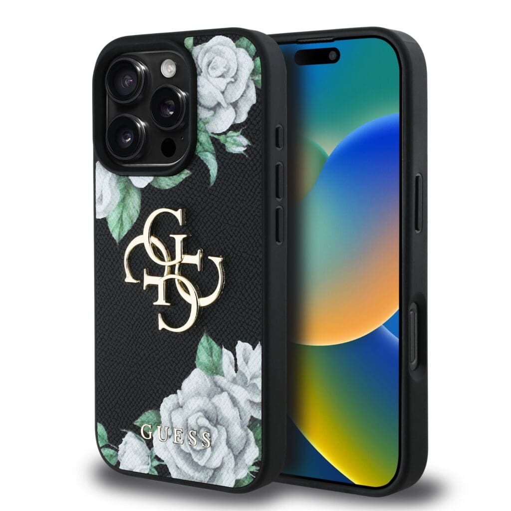 Guess PU Grained Roses 4G Metal Logo Black Kryt iPhone 16 Pro
