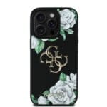 Guess PU Grained Roses 4G Metal Logo Black Kryt iPhone 16 Pro