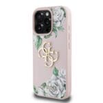 Guess PU Grained Roses 4G Metal Logo Pink Kryt iPhone 16 Pro