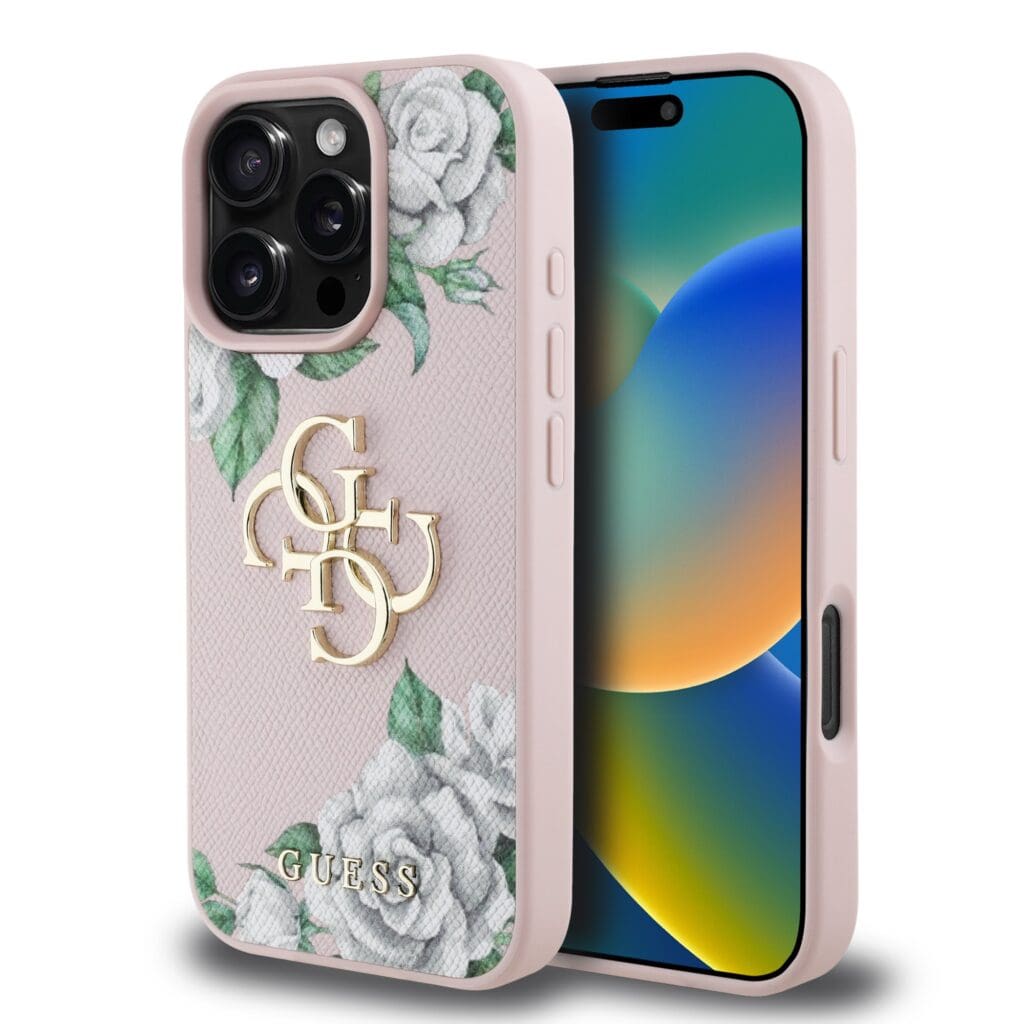 Guess PU Grained Roses 4G Metal Logo Pink Kryt iPhone 16 Pro