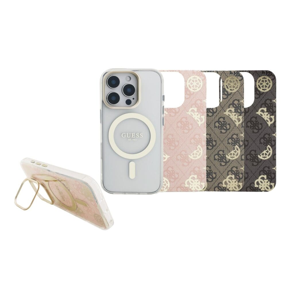 Guess PC/TPU Electroplated Stand Camera Frame MagSafe with Removable Background Kryt iPhone 16 Pro
