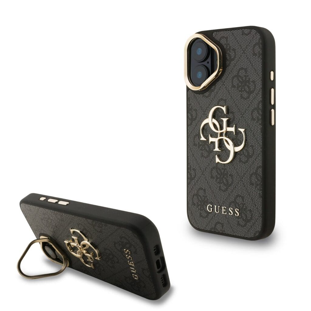 Guess PU 4G Metal Logo Stand Camera Frame Black Kryt iPhone 16