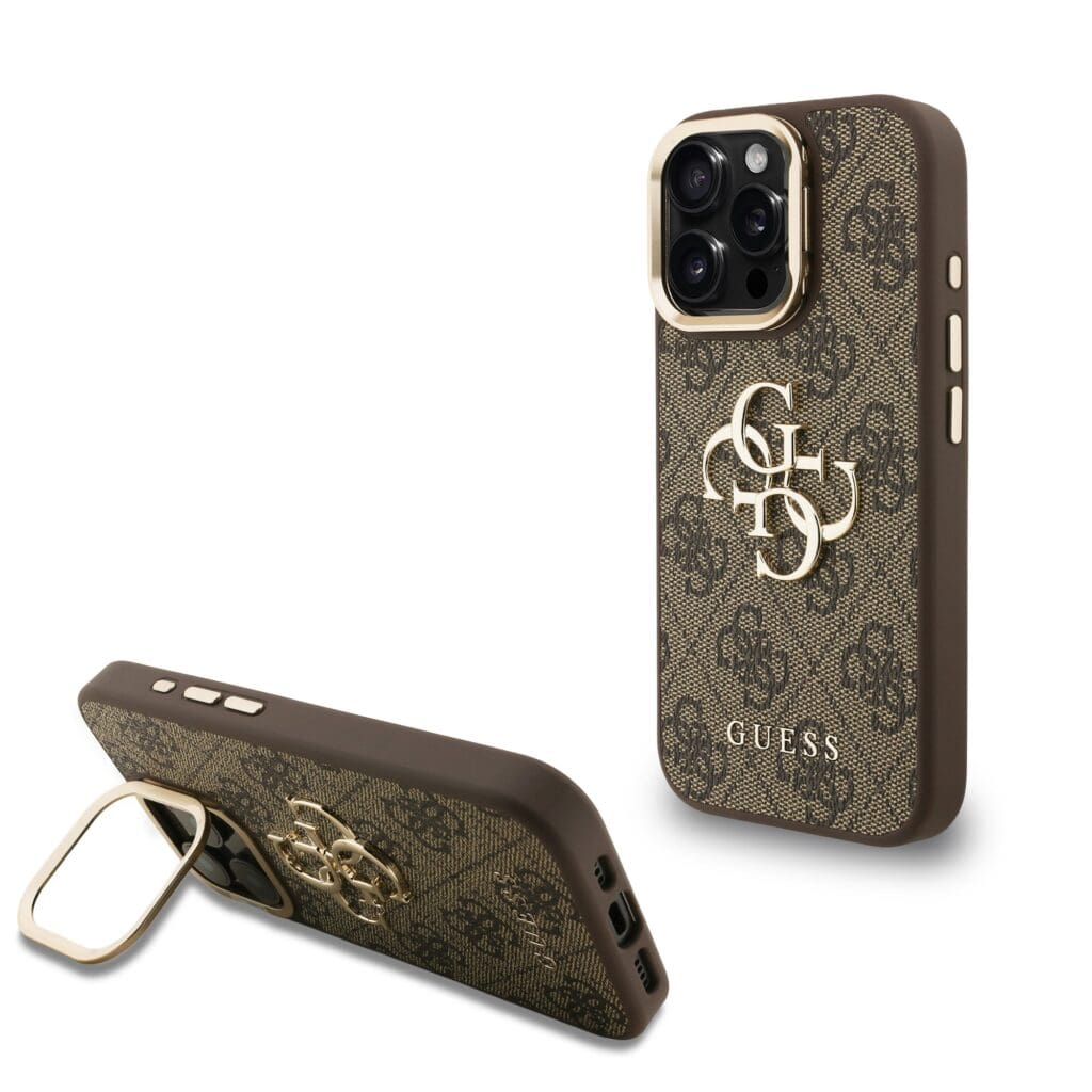 Guess PU 4G Metal Logo Stand Camera Frame Brown Kryt iPhone 16 Pro