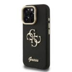 Guess PU Grained 4G Logo Stand Camera Frame Black Kryt iPhone 15 Pro