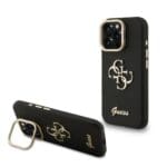Guess PU Grained 4G Logo Stand Camera Frame Black Kryt iPhone 15 Pro