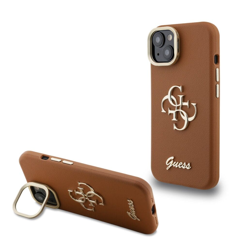 Guess PU Grained 4G Logo Stand Camera Frame Brown Kryt iPhone 14
