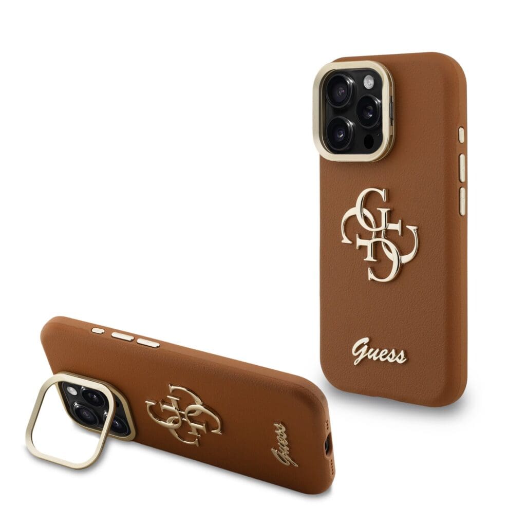 Guess PU Grained 4G Logo Stand Camera Frame Brown Kryt iPhone 15 Pro