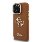 Guess PU Grained 4G Logo Stand Camera Frame Brown Kryt iPhone 15 Pro Max