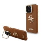 Guess PU Grained 4G Logo Stand Camera Frame Brown Kryt iPhone 15 Pro Max