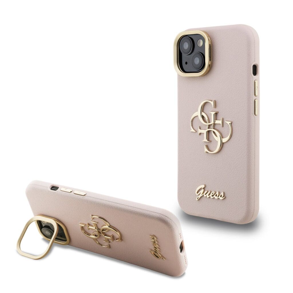 Guess PU Grained 4G Logo Stand Camera Frame Pink Kryt iPhone 15