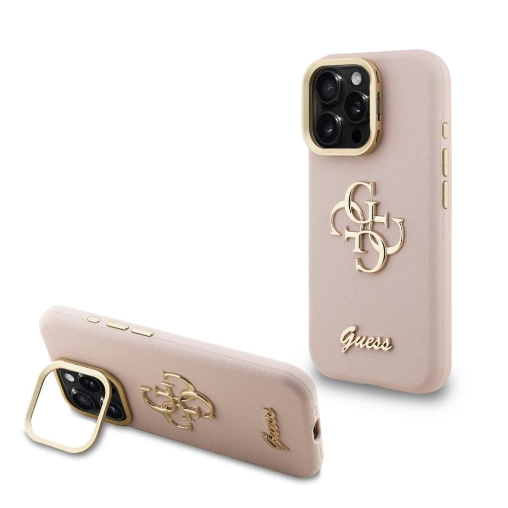 Guess PU Grained 4G Logo Stand Camera Frame Pink Kryt iPhone 15 Pro