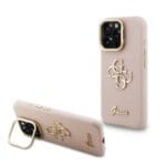 Guess PU Grained 4G Logo Stand Camera Frame Pink Kryt iPhone 15 Pro Max