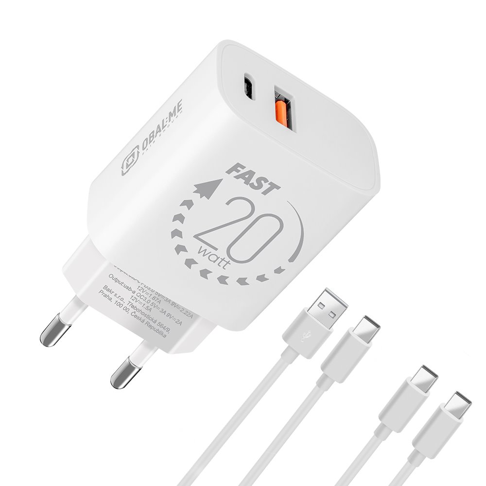OBAL:ME Travel Charger USB-A + USB-C 20W + 2x kabel 1m White