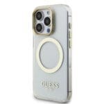 Guess IML Gold Outline Stand Camera Frame MagSafe Transparent Kryt iPhone 15 Pro
