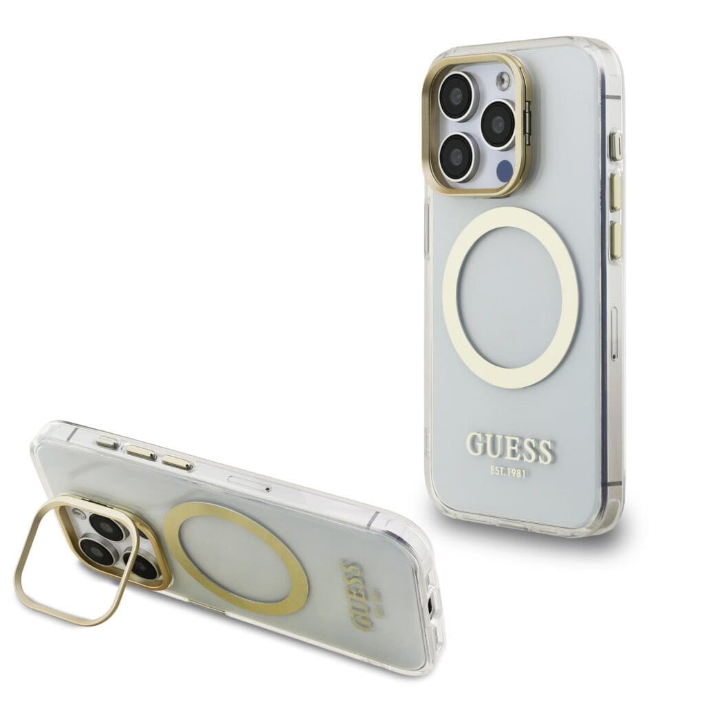 Guess IML Gold Outline Stand Camera Frame MagSafe Transparent Kryt iPhone 15 Pro