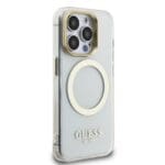 Guess IML Gold Outline Stand Camera Frame MagSafe Transparent Kryt iPhone 15 Pro